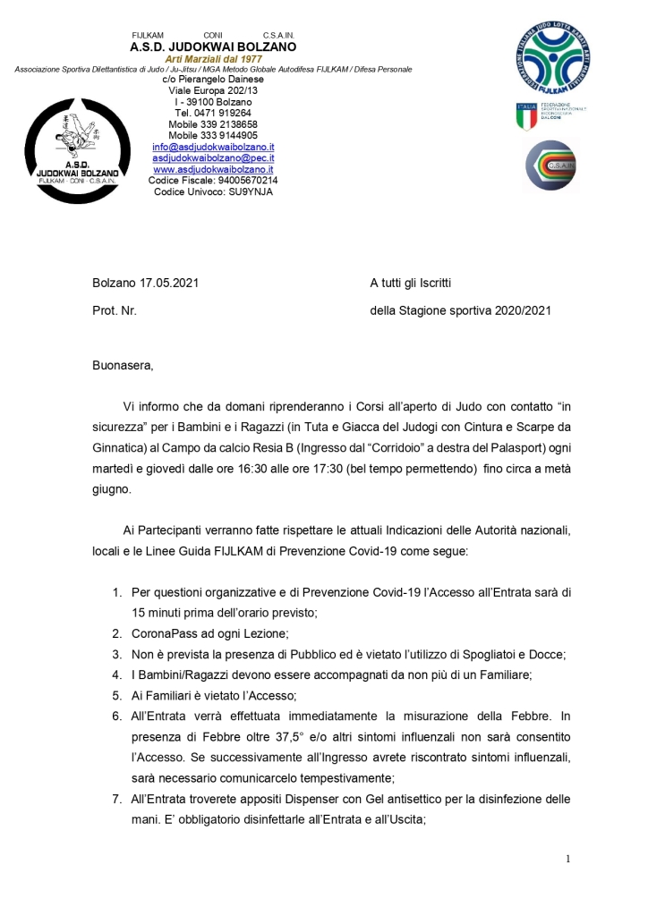 A.S.D. Judokwai Bolzano   Ripresa Corsi 44° Stagione sportiva 2020 2021 di Judo con contatto in sicurezza per Bambini e Ragzzi   Campo da calcio Resia B   dal 18.05.2021_page-0001