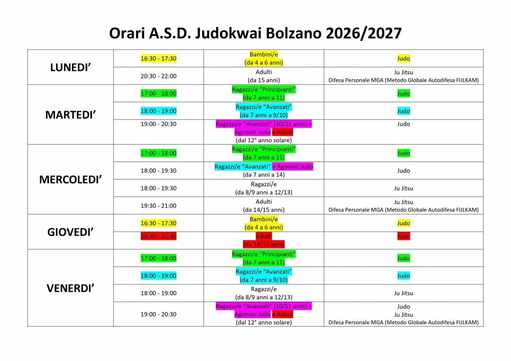 Orari A.S.D. Judokwai Bolzano 2026 2027 NEW